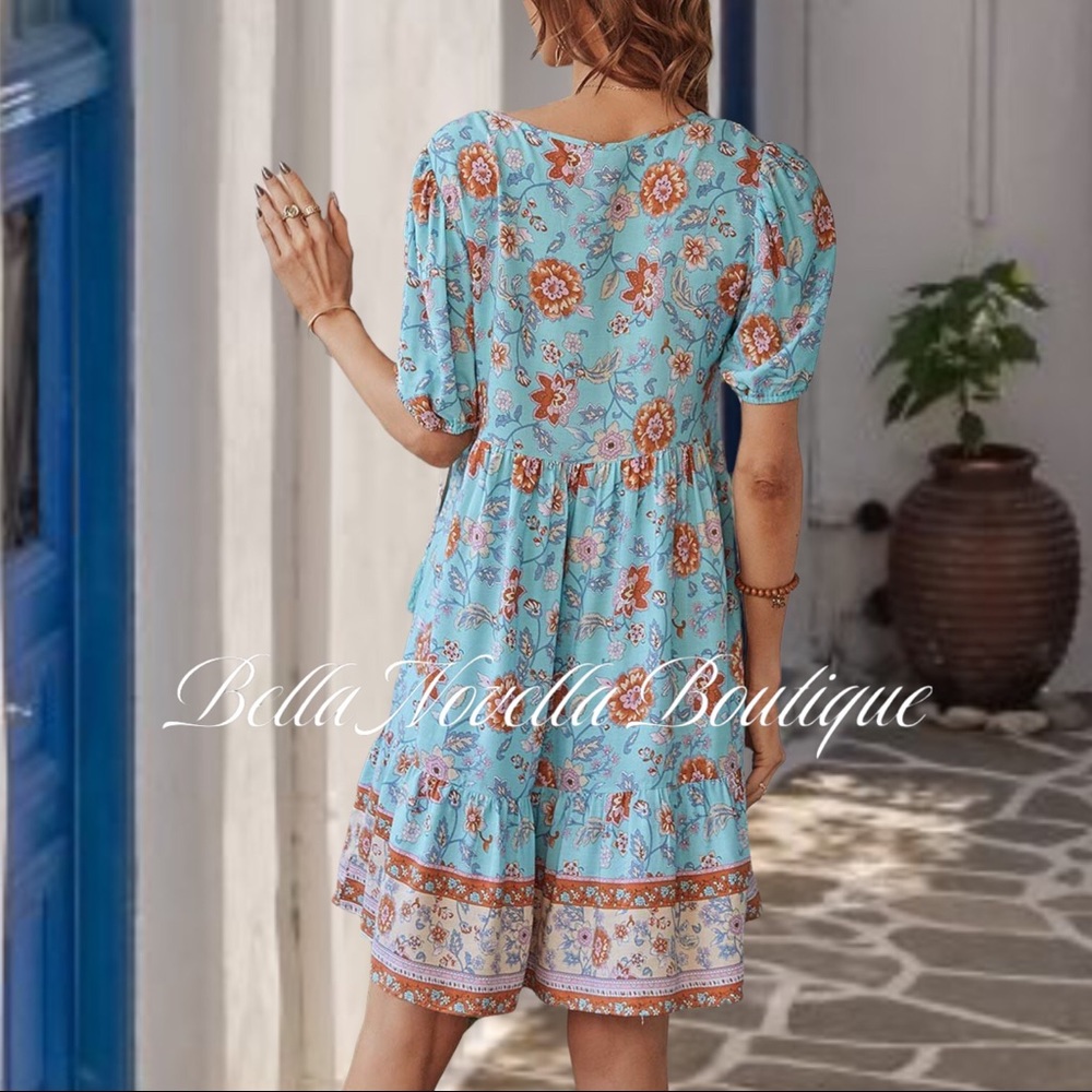🔴 Boho Blue Floral Puff Sleeve Smock Dress - Picture 5 of 8